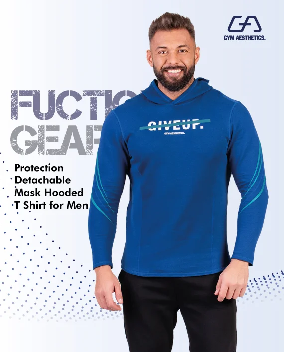 Protection Detachable Mask Hooded T Shirt for Men in Blue | Gym Aesthetics