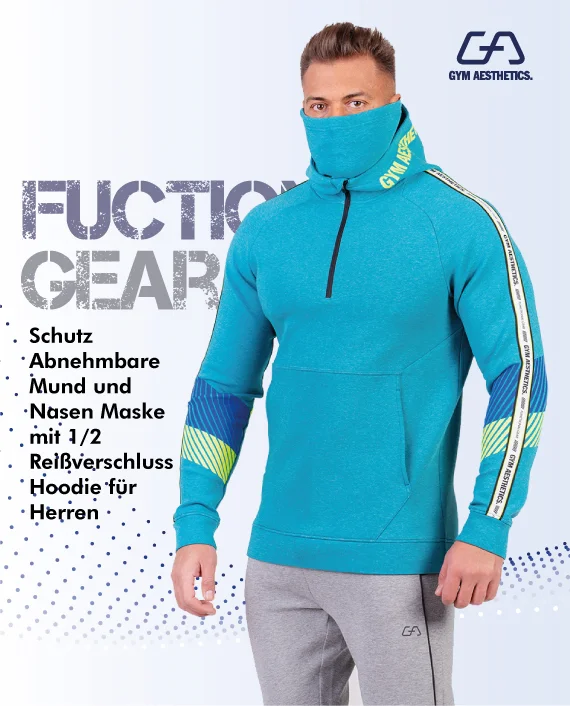 Schutz Abnehmbare Mund und Nasen Maske mit 1/2 Reißverschluss Hoodie für Herren in Melange Holzkohle | Gym Aesthetics