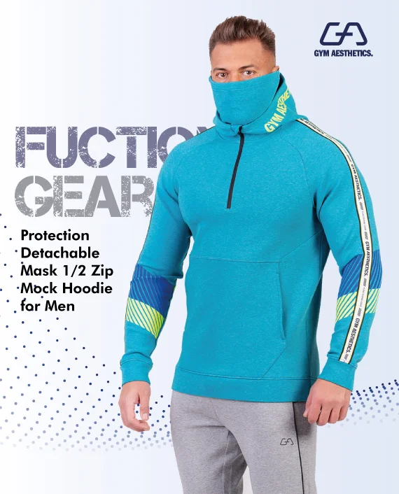 Protection Detachable Mask 1/2 Zip Mock Hoodies for Men in White | Gym Aesthetics