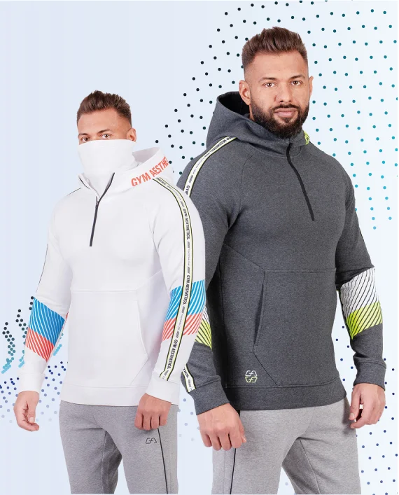 Protection Detachable Mask 1/2 Zip Mock Hoodies for Men in White | Gym Aesthetics