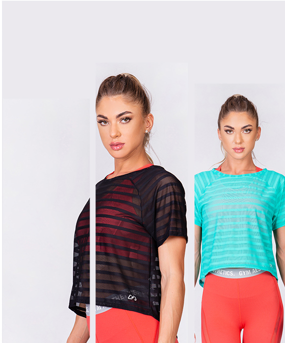 Freizeit Mesh-Streifen Fashion T-Shirt für Damen in Aqua | Gym Aesthetics