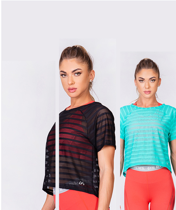 Athleisure Mesh Stripe Fashion T-Shirt for Women in Black | Gym Aesthetics