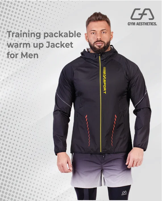 Training packable warm up Jacket for Men in Black | Gym Aesthetics