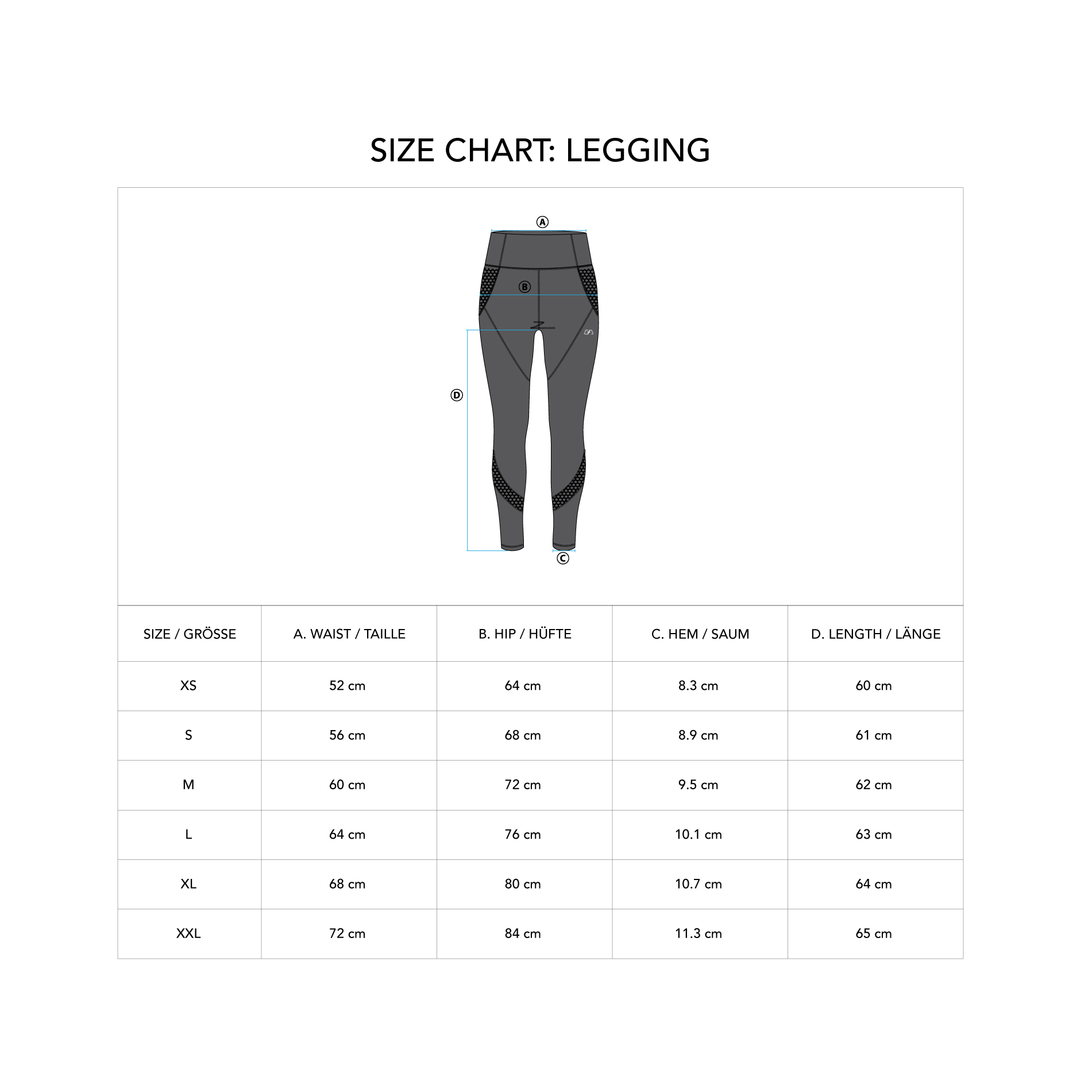 Performance Active Leggings for Women - size chart