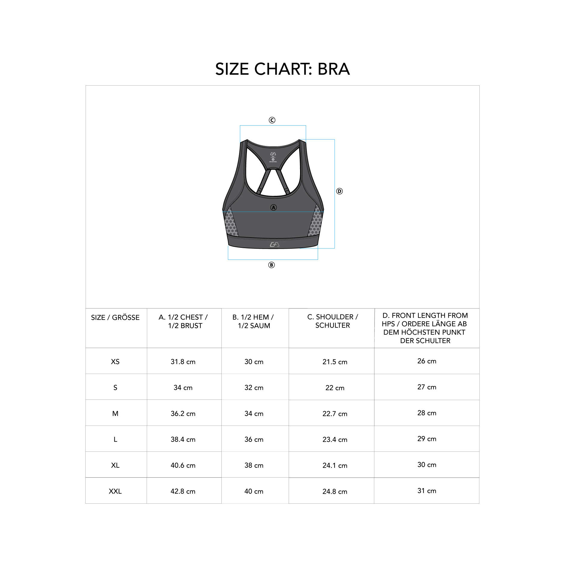 Performance Active Sports Bra for Women - size chart