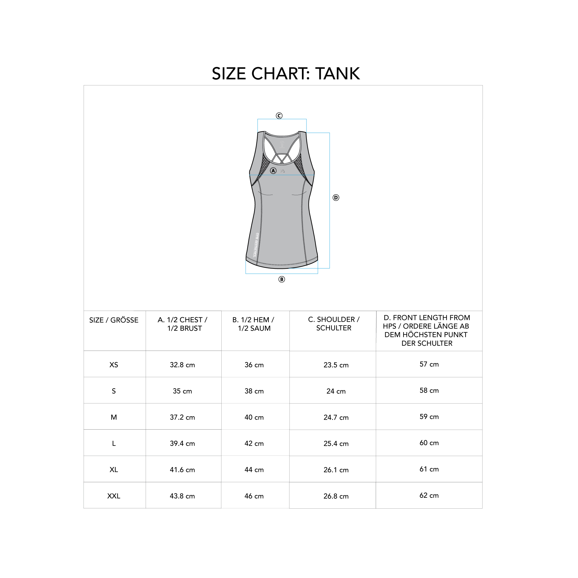 Performance Tank Tops for Women - size chart