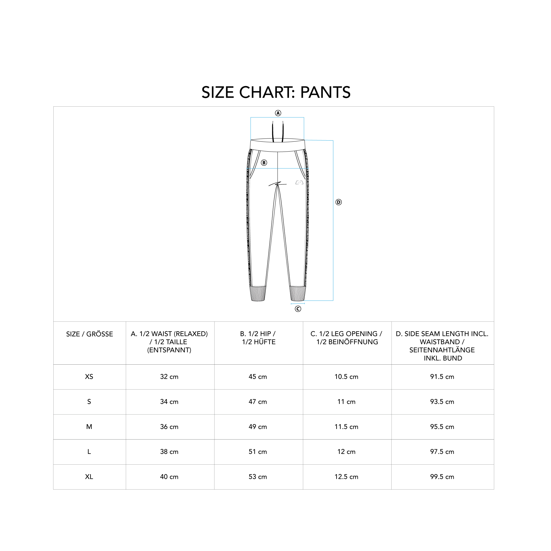Training Jogger pants for Women - size chart