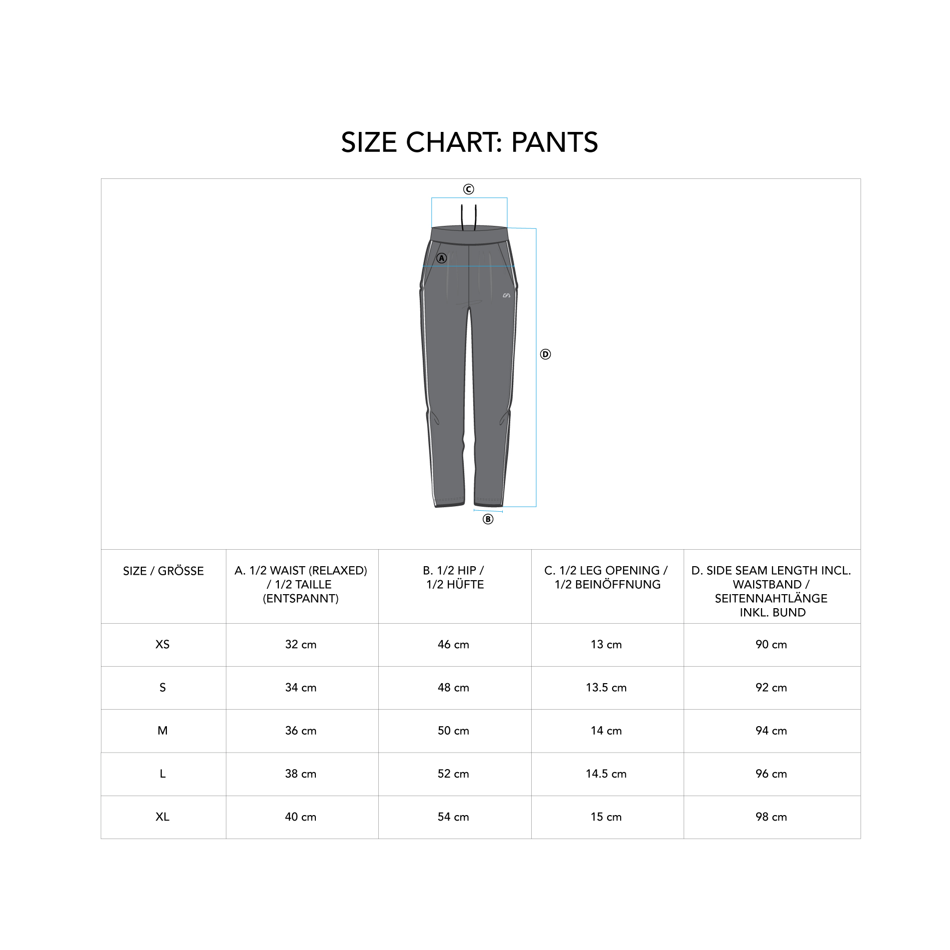 Training Straight pants for Women - size chart