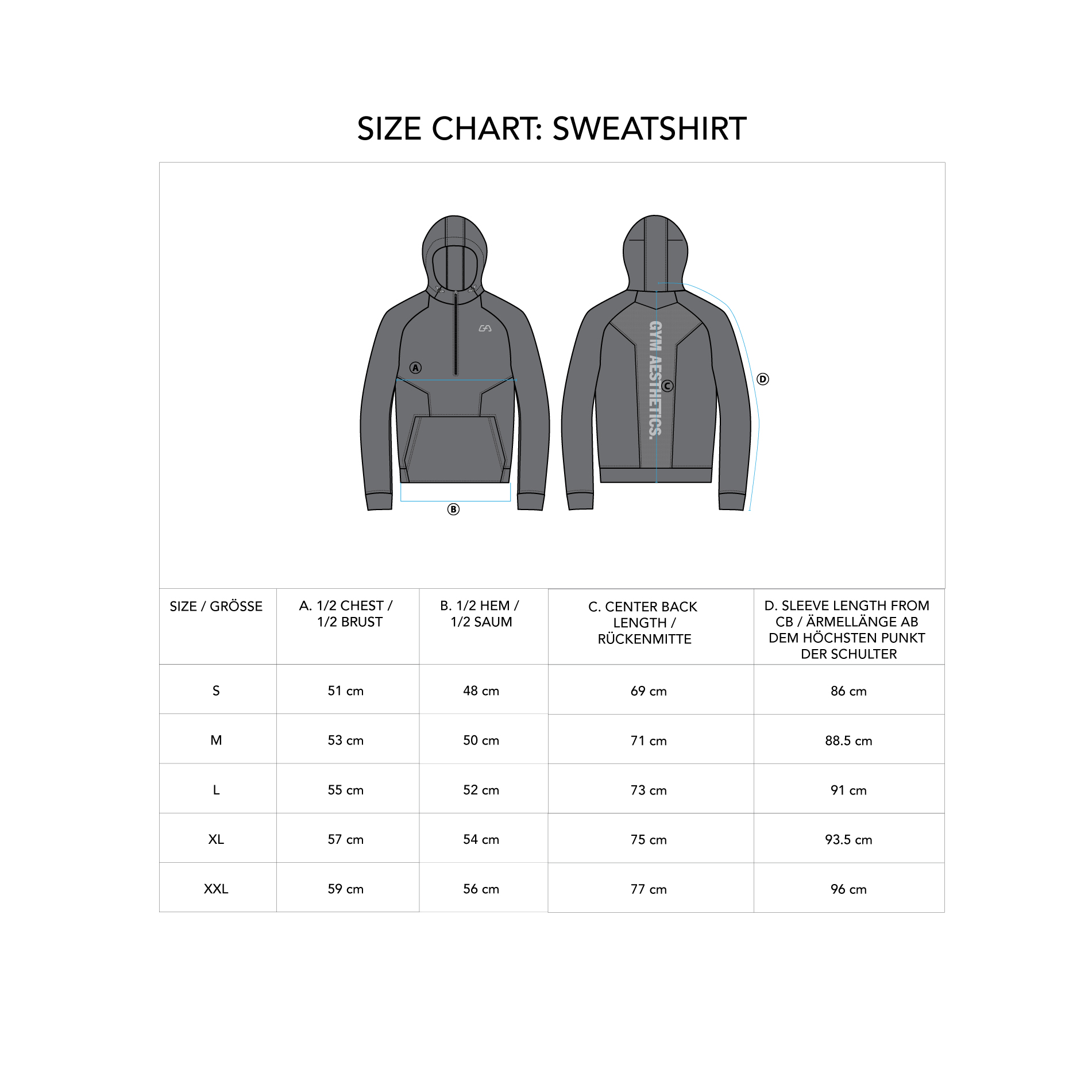 Performance Hoodie for Men - size chart