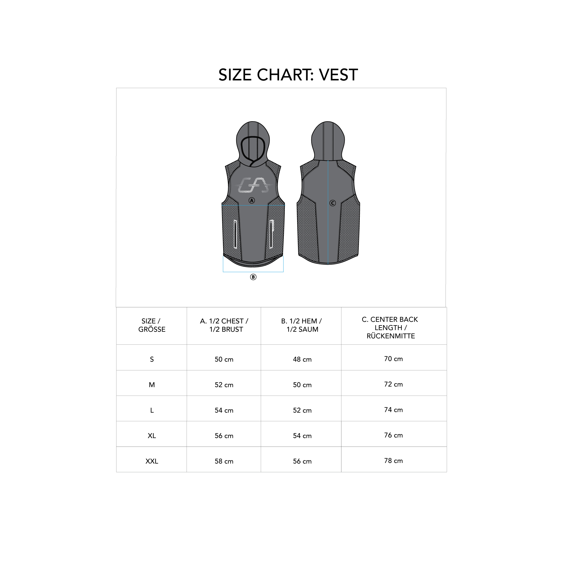 OutRun Hoodie Vest for Men - size chart