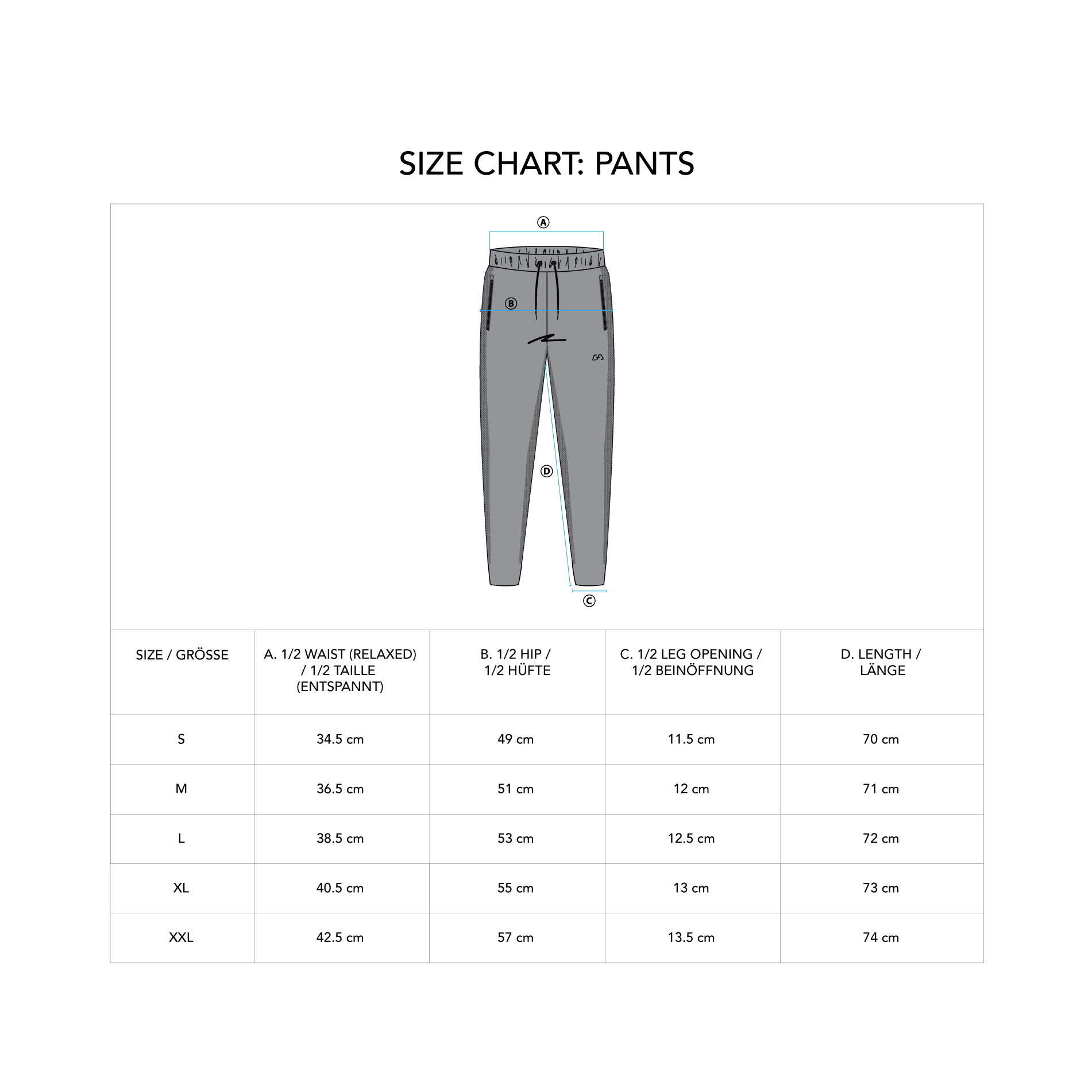 Active Relax Sweatpants for Men - size chart