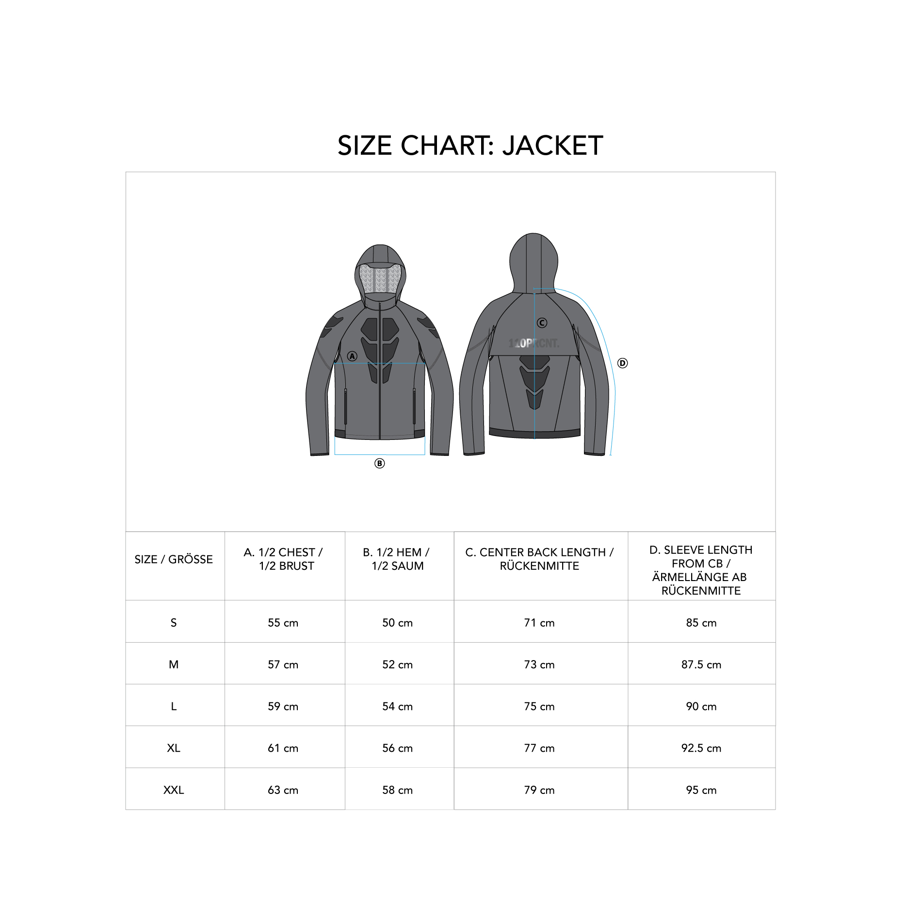 OutRun Rain Jacket with removable sleeves for Men - size chart