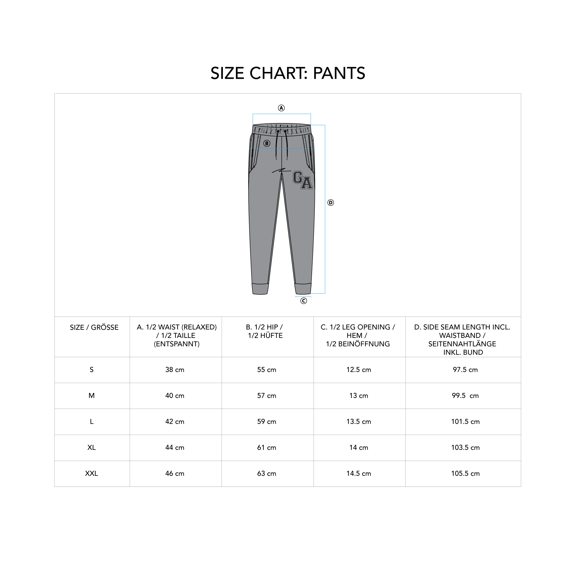 Training Jogger pants for Men - size chart