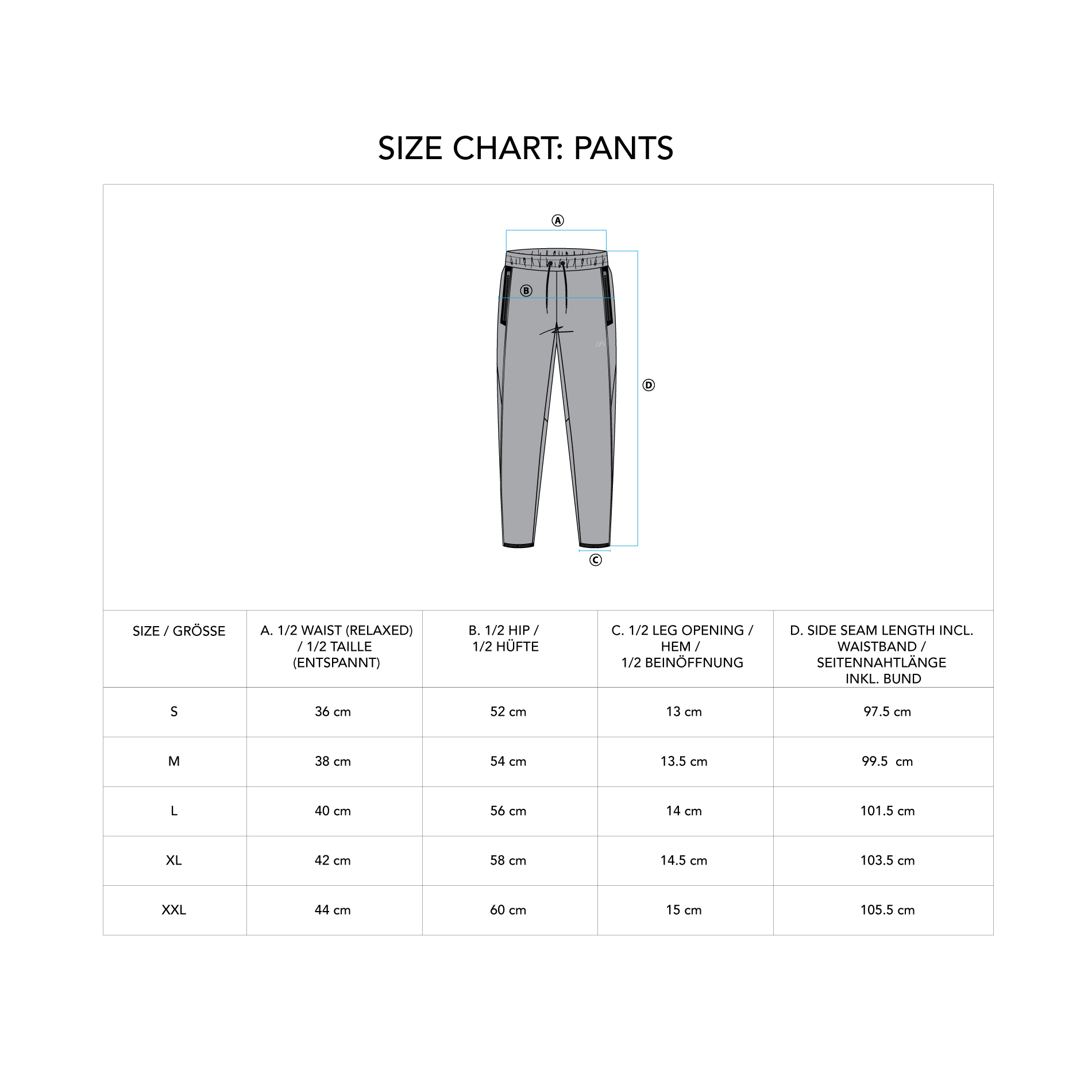 Performance Straight pants for Men - size chart