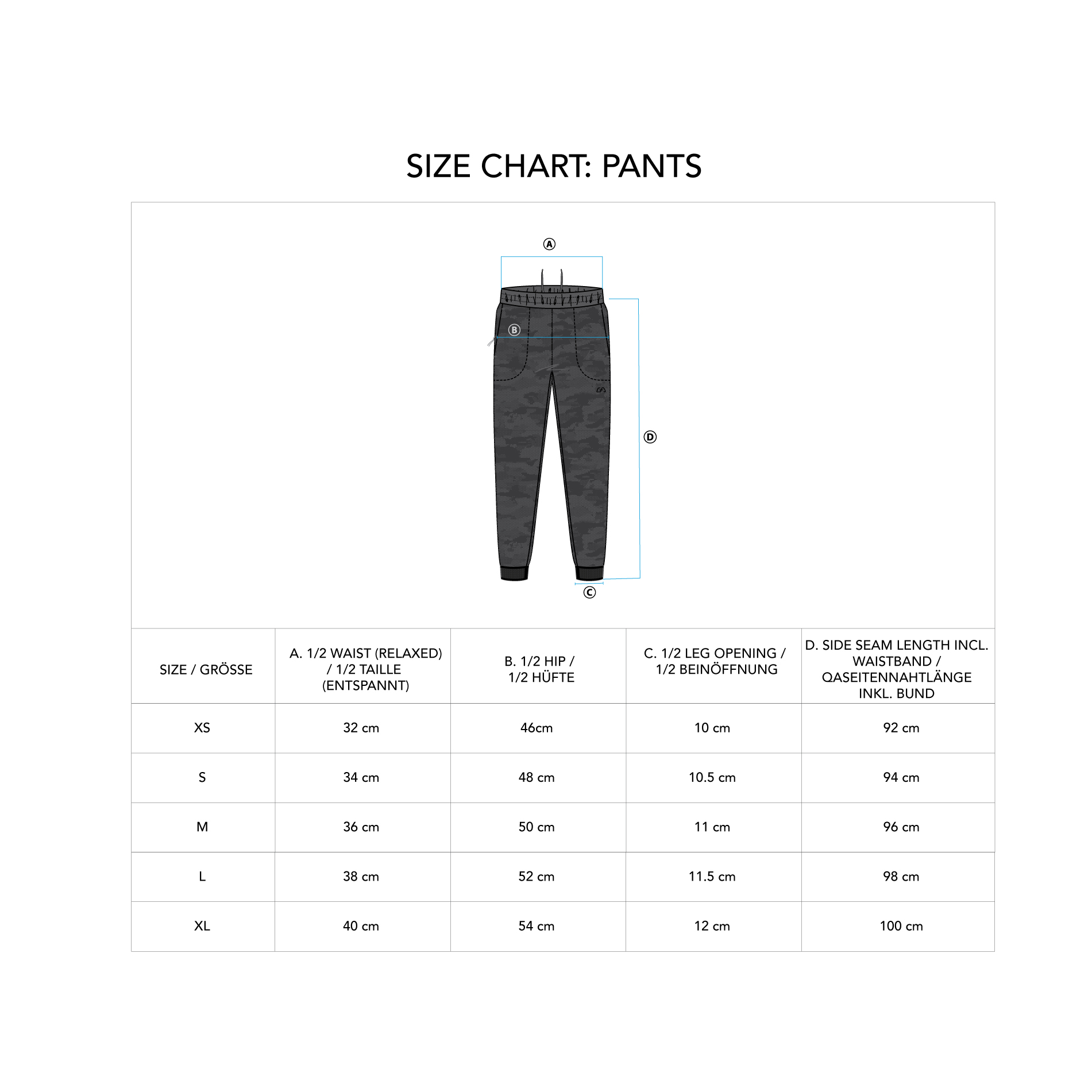 Basic Performance Ladies Jogger Pants - size chart