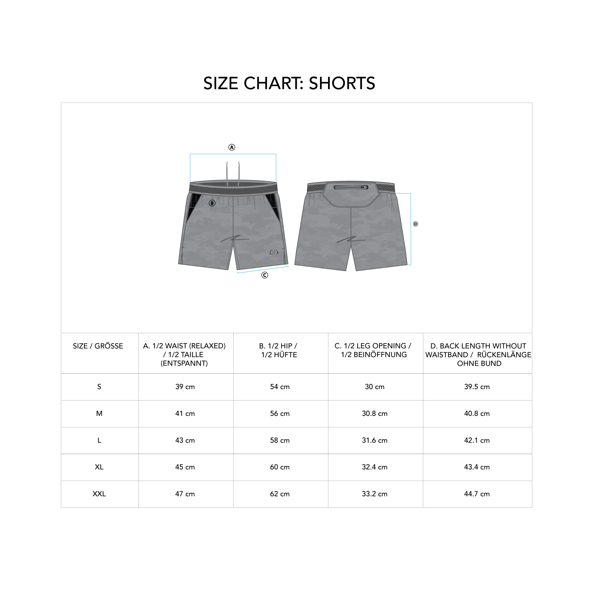 Sport Shorts for Men - size chart