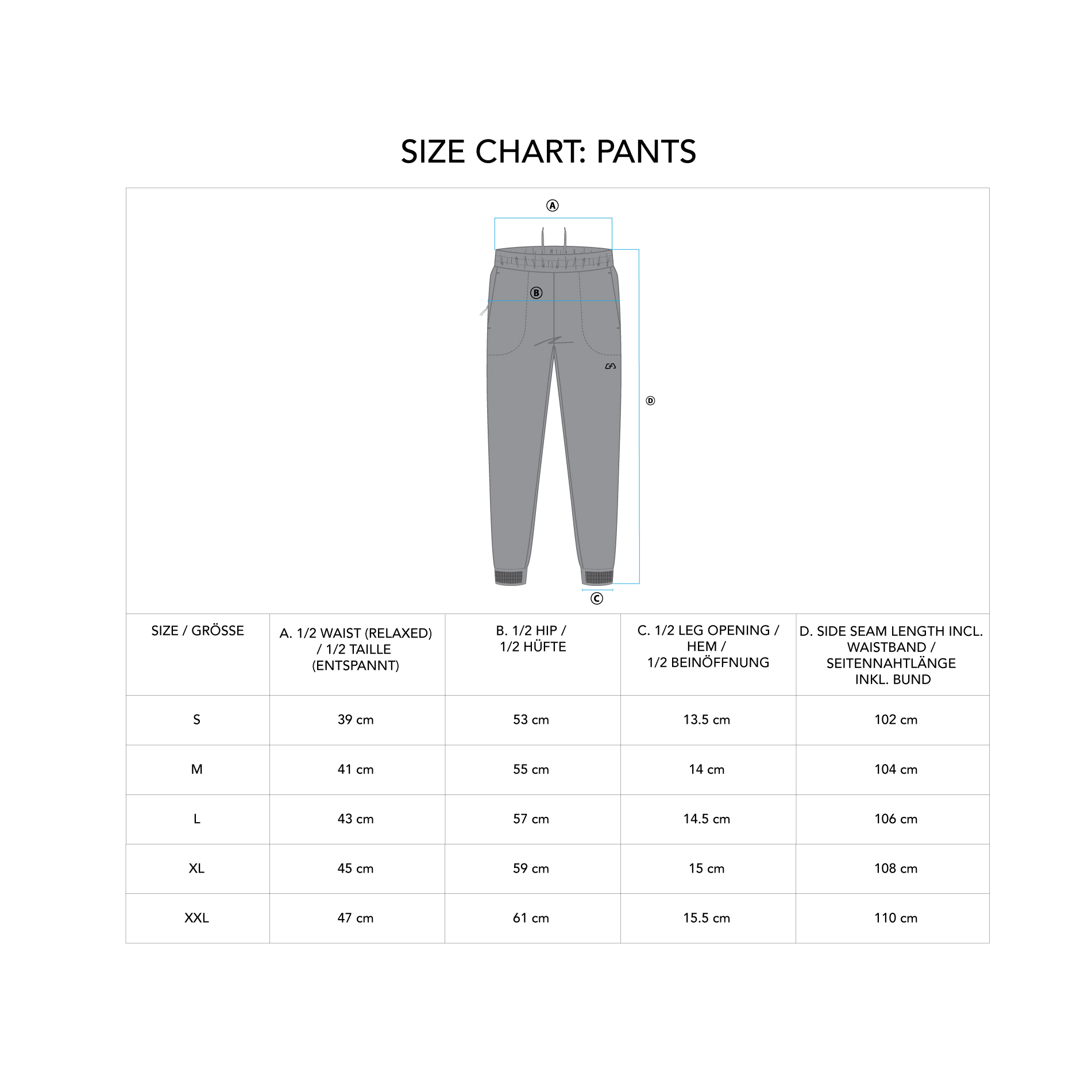 Workout Performance Fitness Joggers for Men - size chart