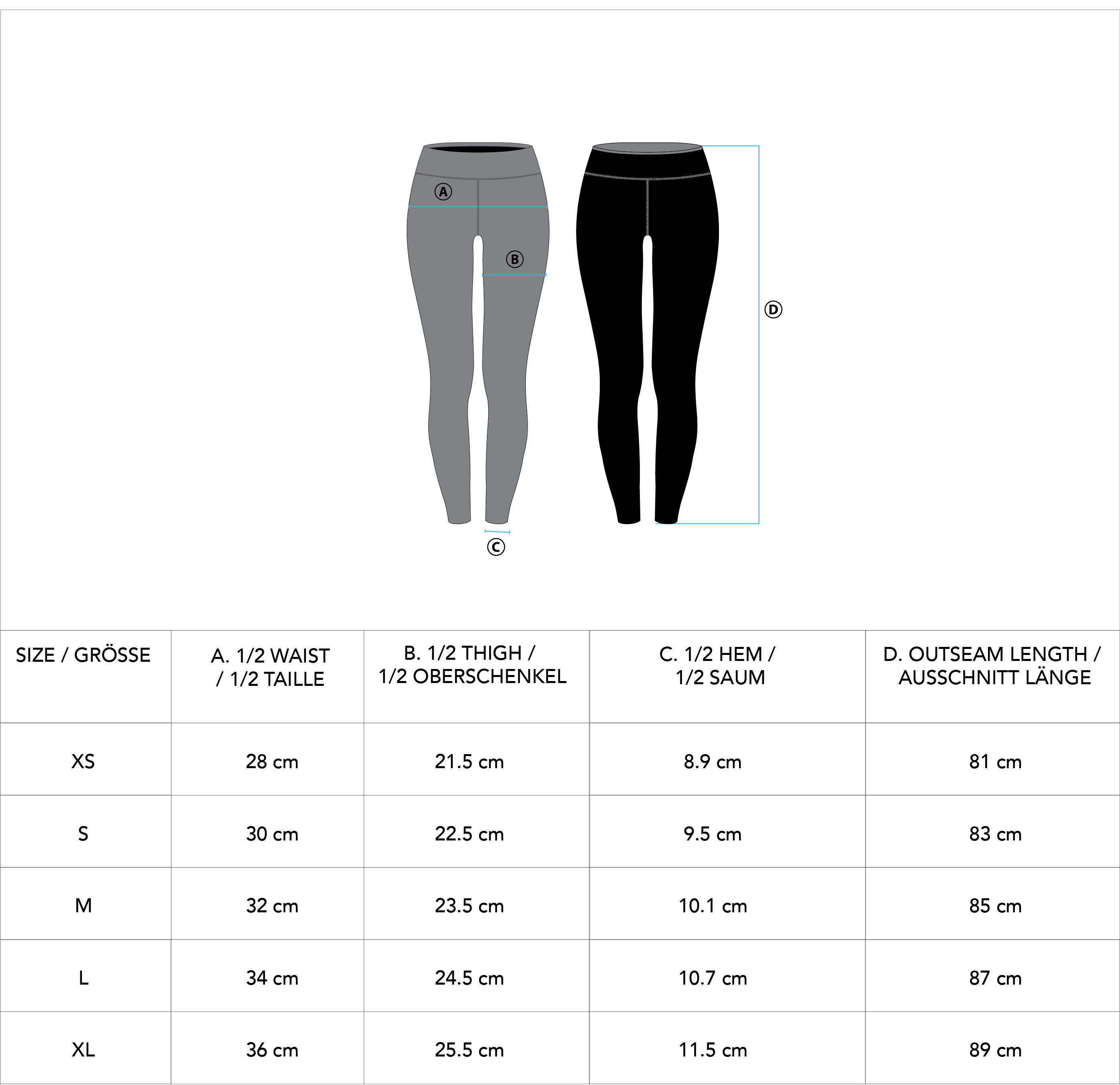 Activewear Quantum Mirac Leggings Color Reversible for Women - size chart