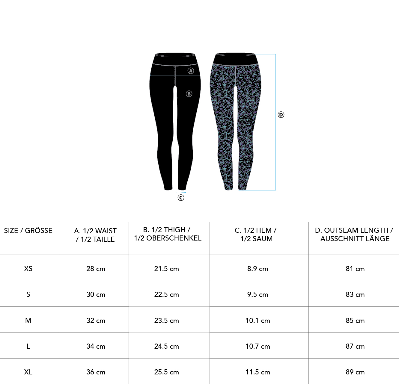 Activewear Quantum Mirac Leggings Geometry Pattern Reversible for Women - size chart | Gym Aesthetics