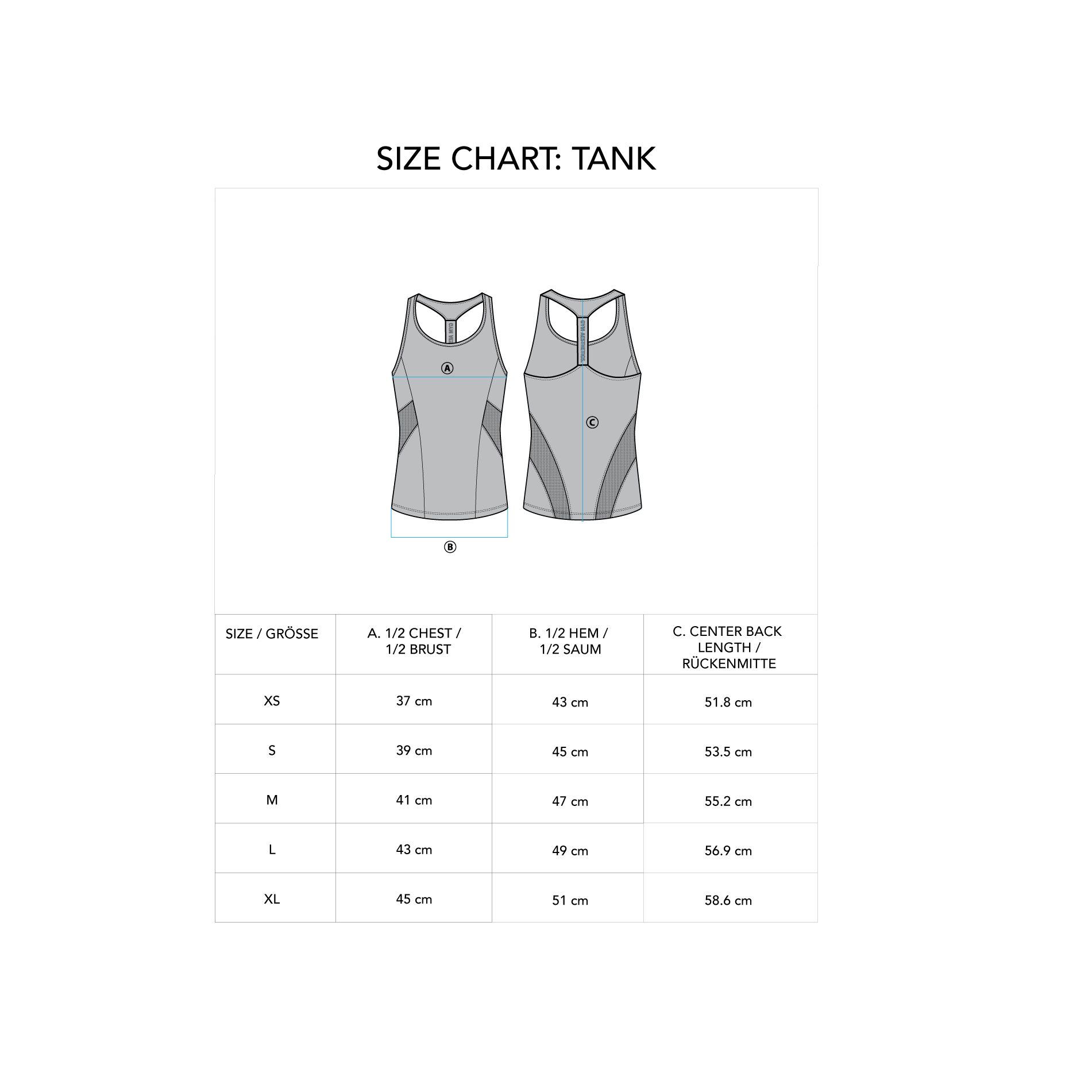 Activewear Body Builder Gym Tank for Women - size chart