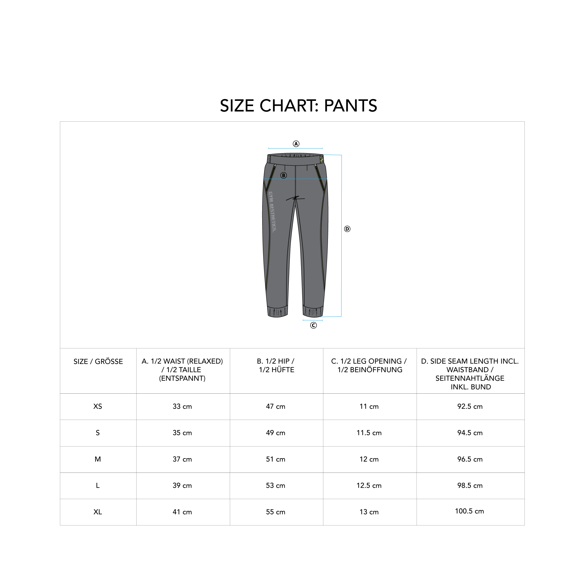 Athleisure Ergonomics Jogger pants for Women - size chart