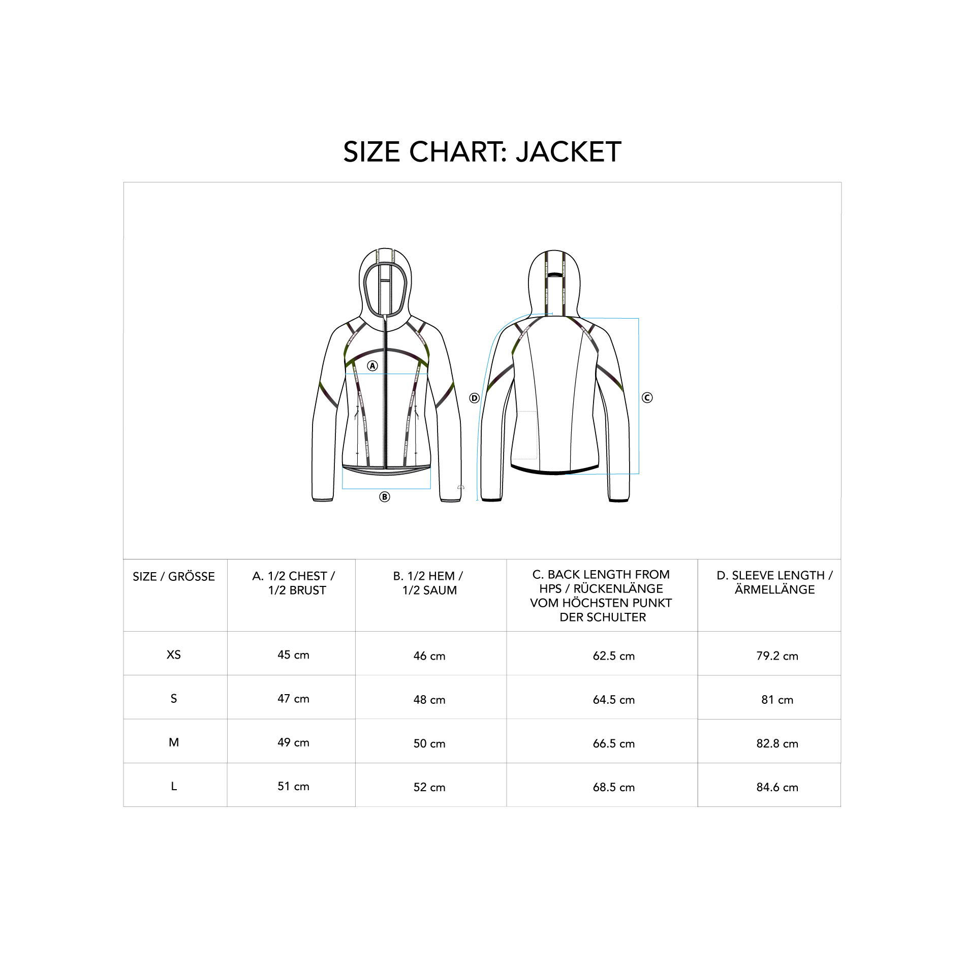 Athleisure Transparency Jacket for Women - size chart