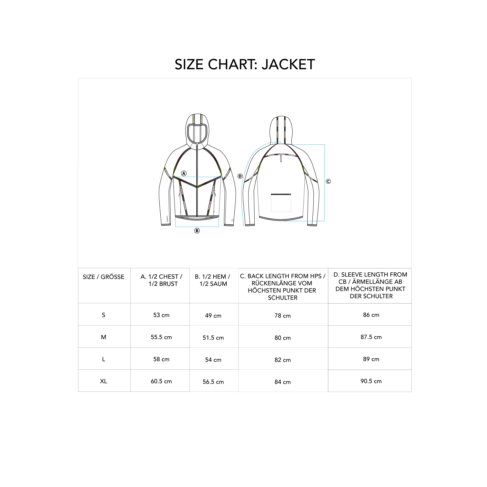 Function Transparency Jacket for Men - size chart