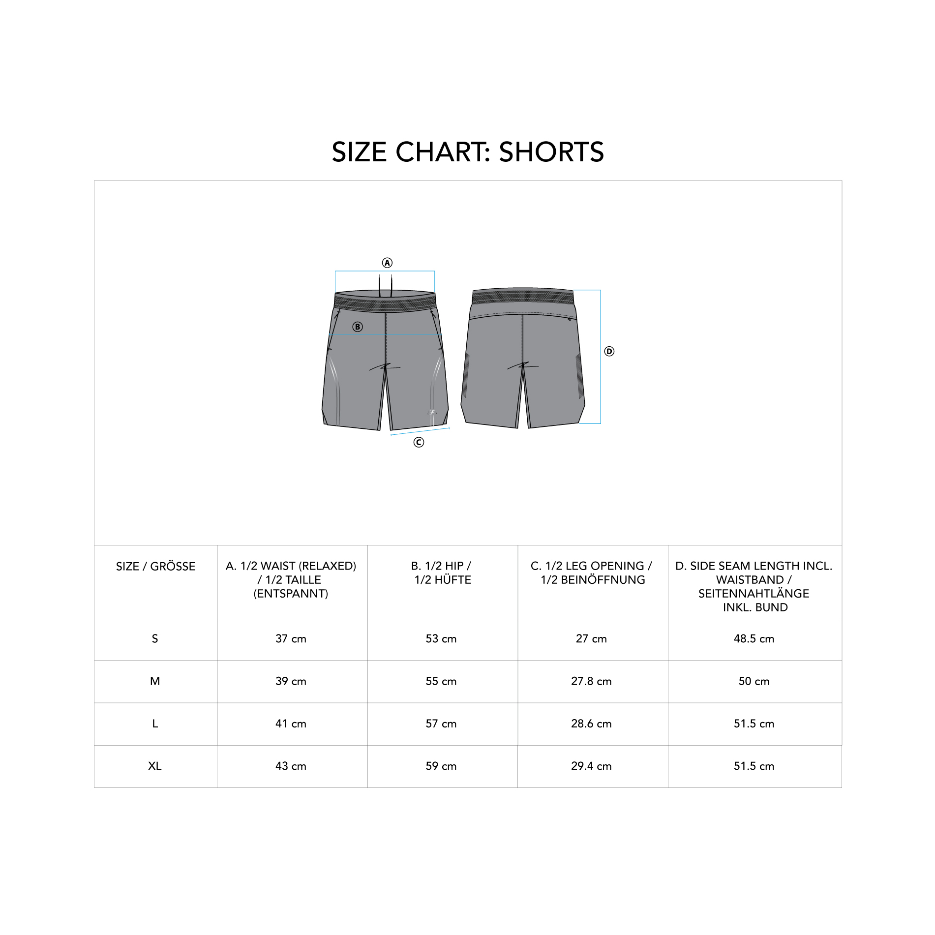Essential Legend 9 inch Shorts for Men - size chart
