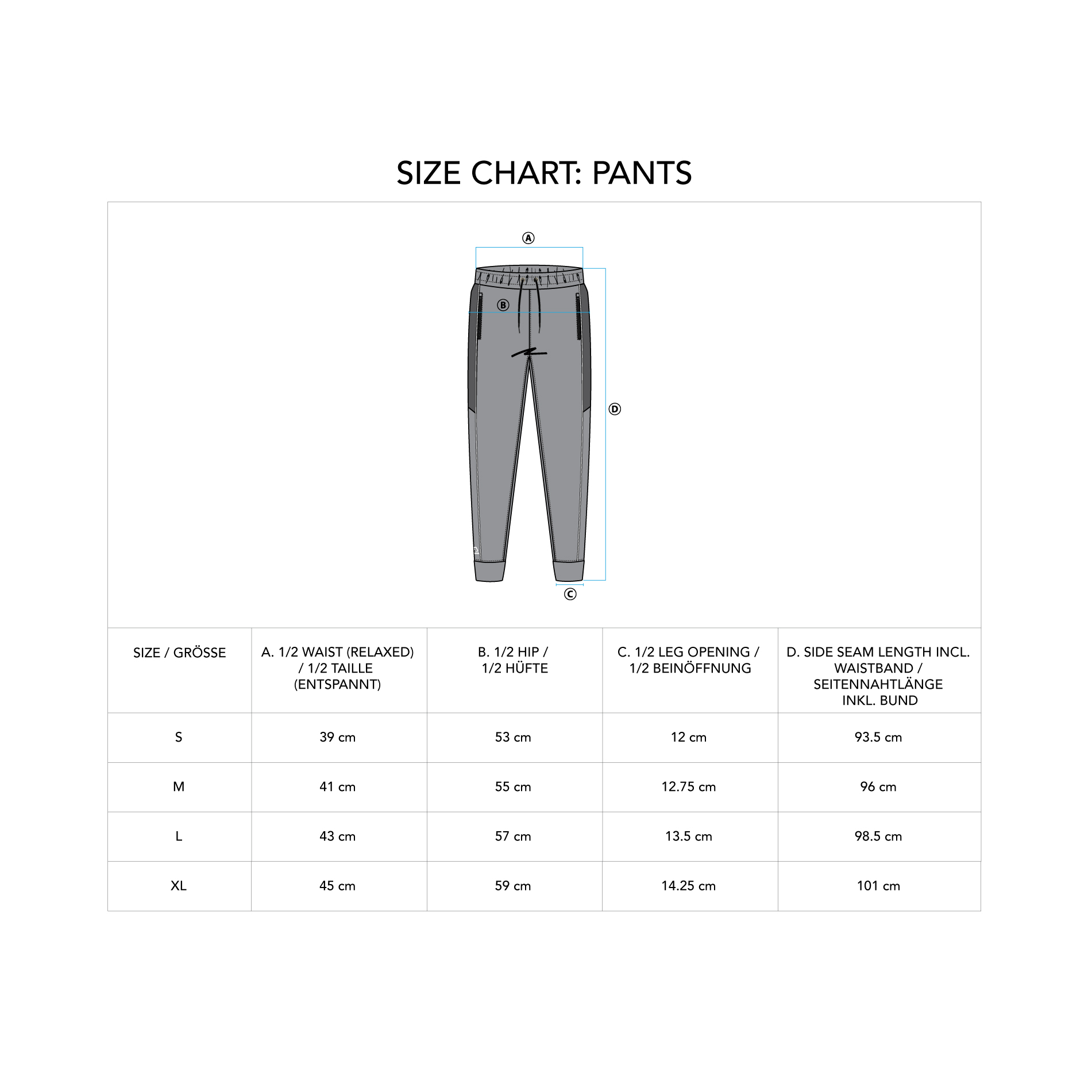 Functional Tracksuit Jogger pants for Men - size chart