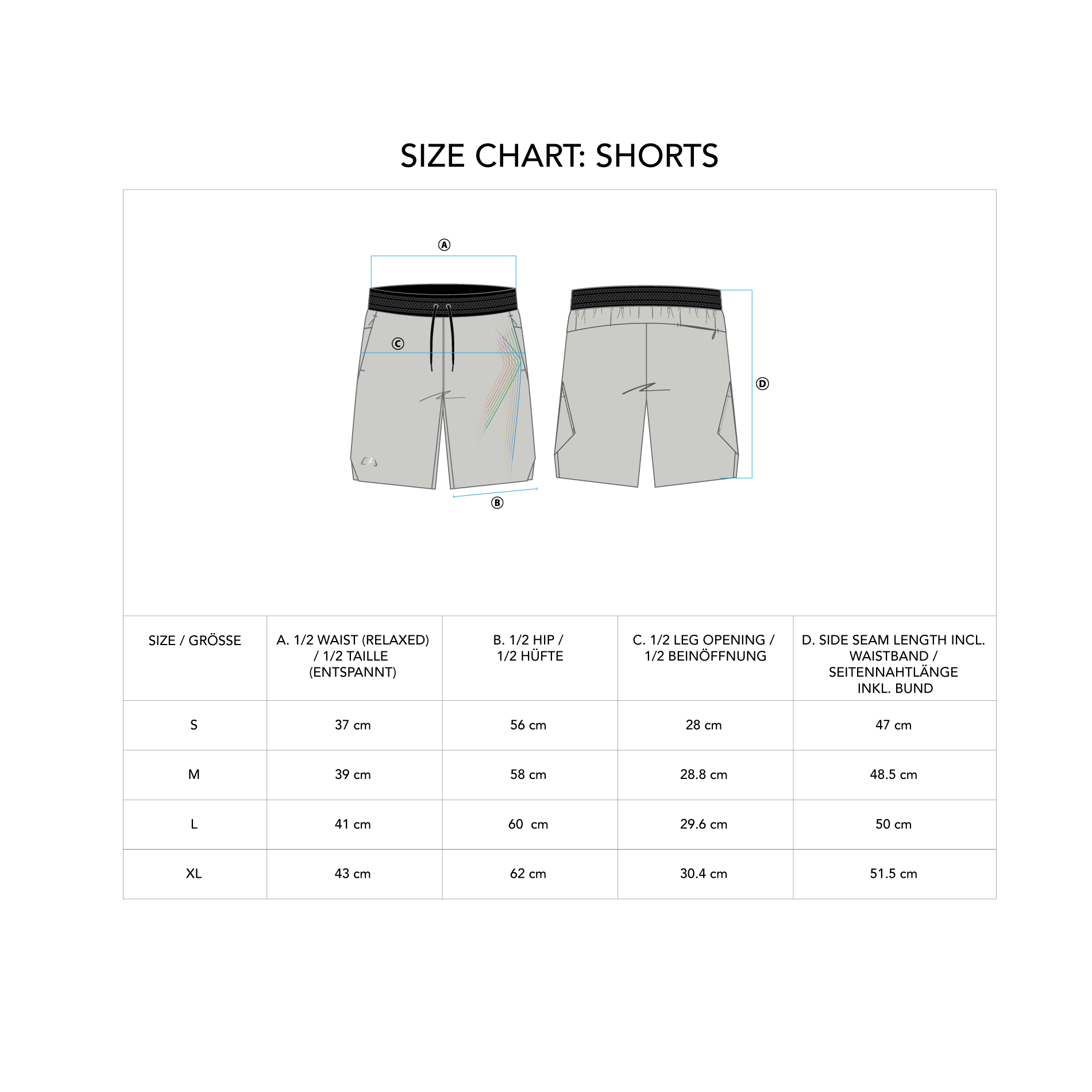 Essential Warrior 9 inch Shorts for Men - size chart