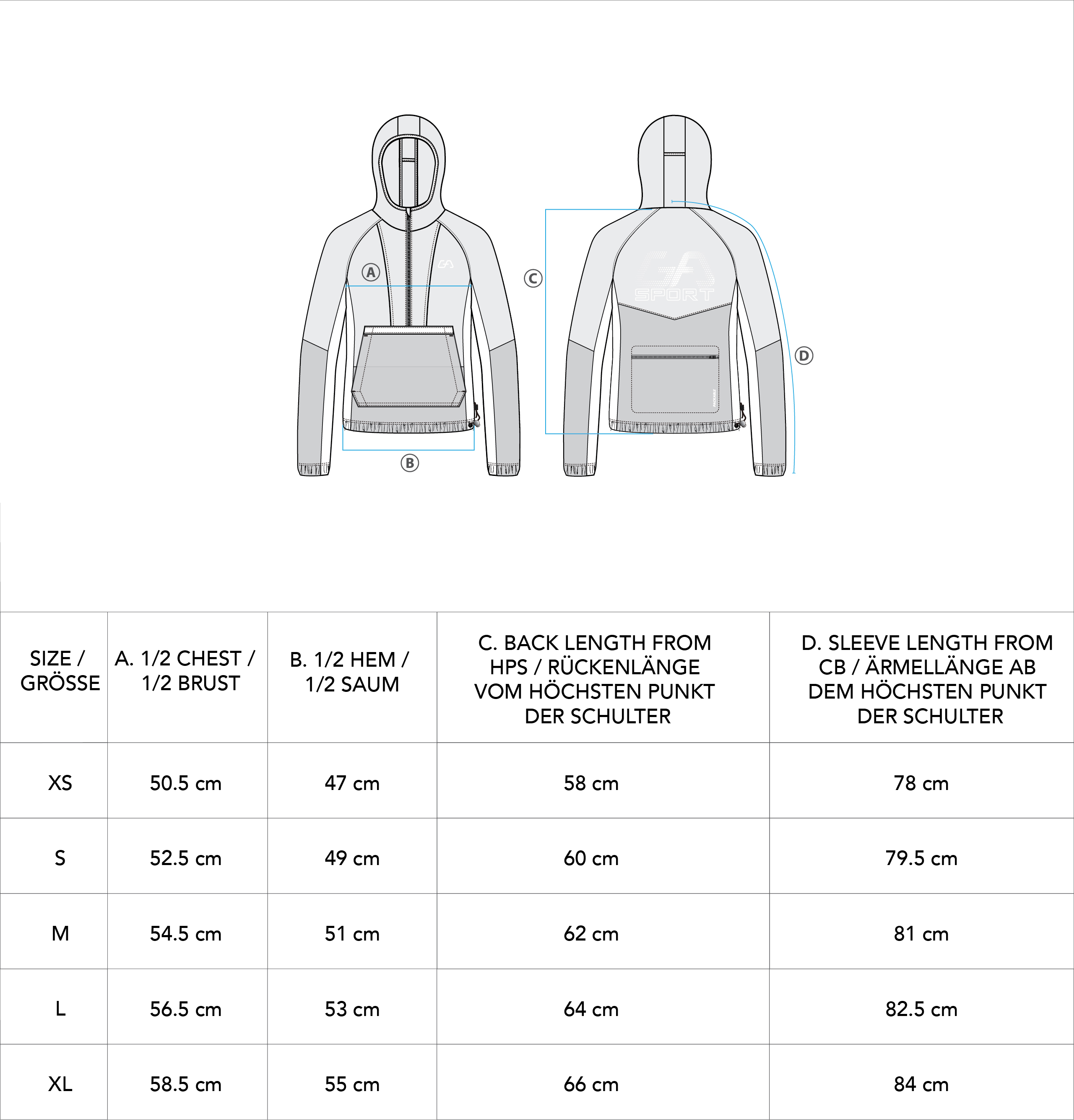 Functional Anorak Water Resistant Jacket for Women - size chart