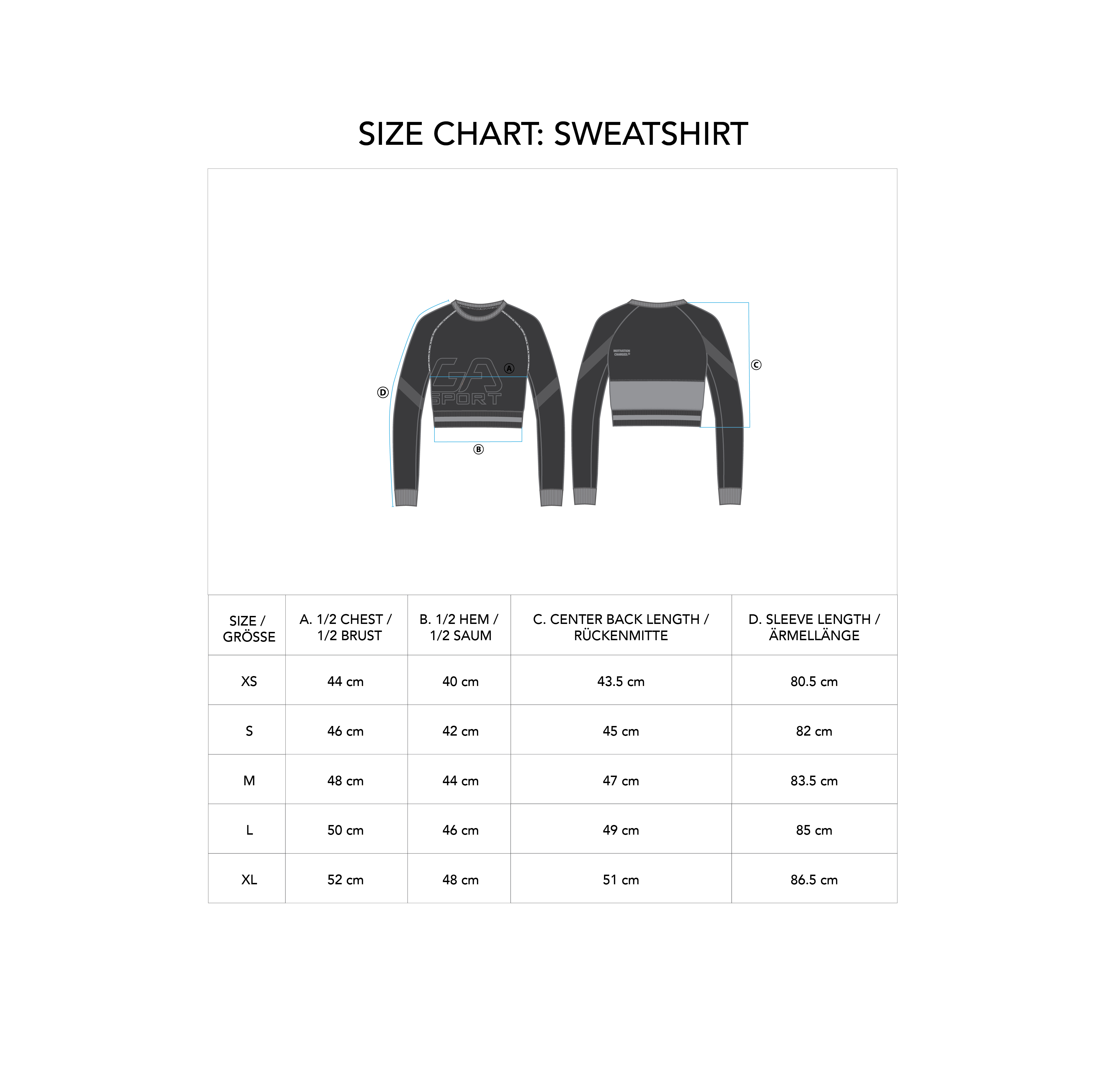 Athleisure Cropped Sweatshirt for Women - size chart