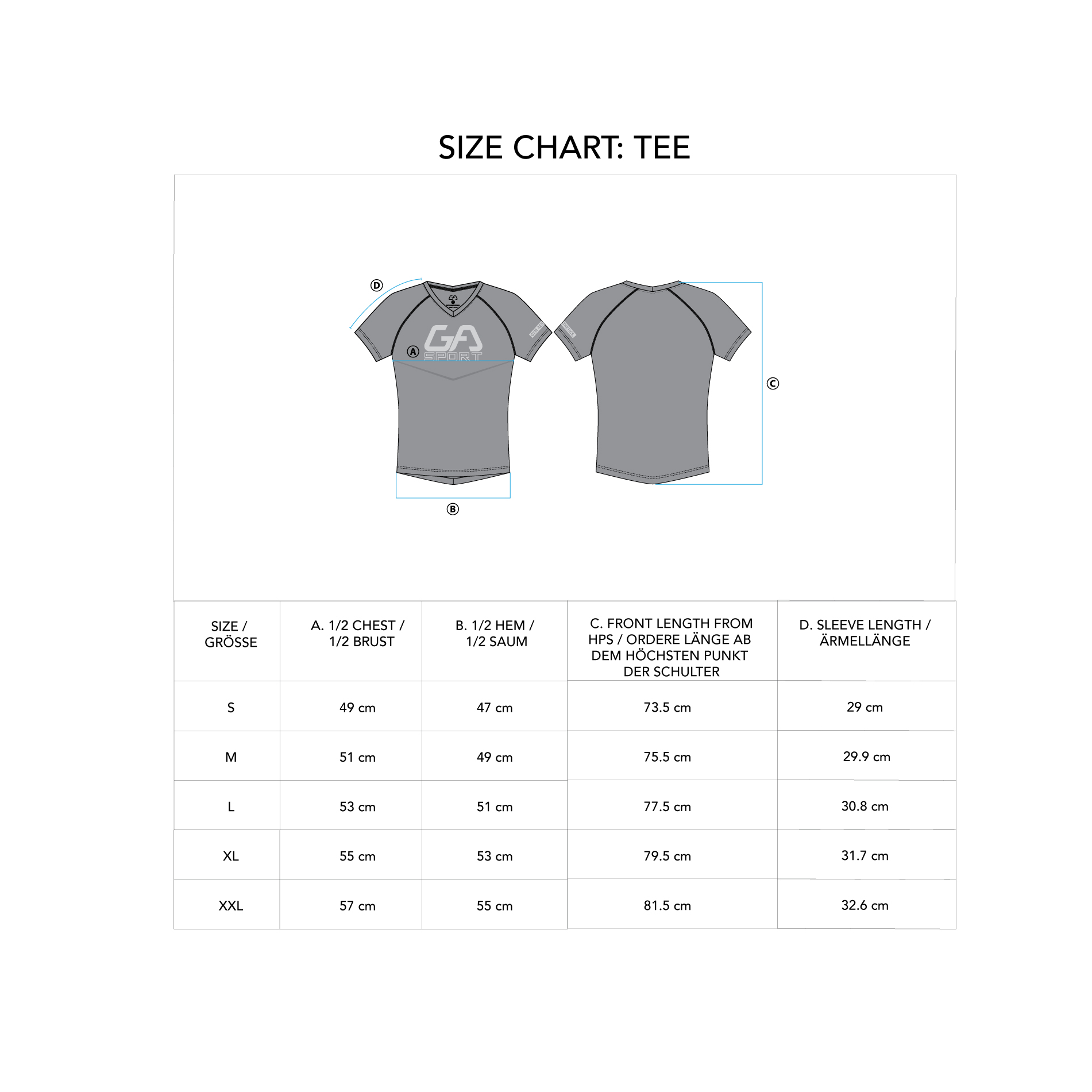Training Wicking Sport Shirt for Men - size chart