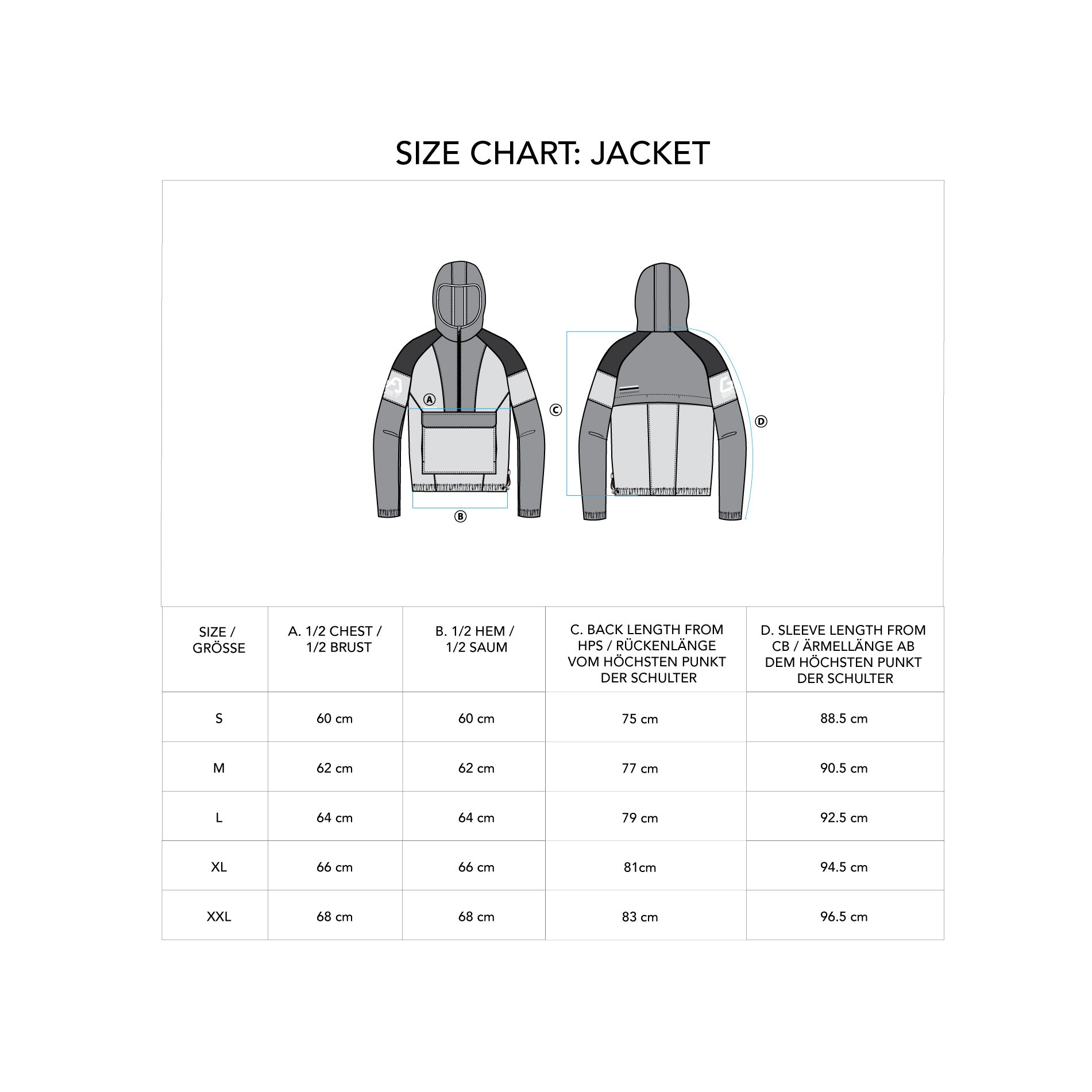 Functional Anorak Water Resistant Jacket for Men - size chart